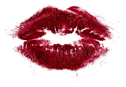 Red Lipstick Kiss Mark Impression on White Background.