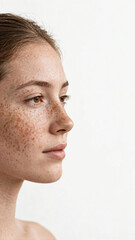 Fototapeta premium Freckled woman profile portrait with copy space