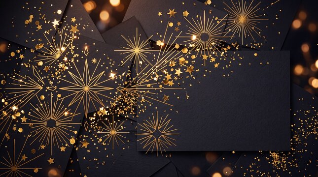 Festive Black and Gold Party Invitation Mockup Background with Fireworks