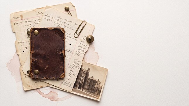 Vintage Handwritten Documents Old Leather Notebook and Antique Photograph