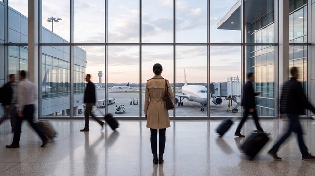 Businesswoman Standing in Airport Terminal Looking at Airplane