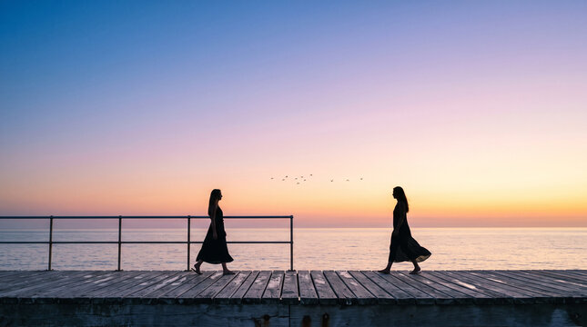 Two Women Walking Towards Each Other on Pier at Sunset