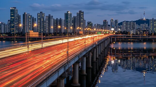 Traffic Light Trails on Bridge with Seoul Cityscape at Dusk