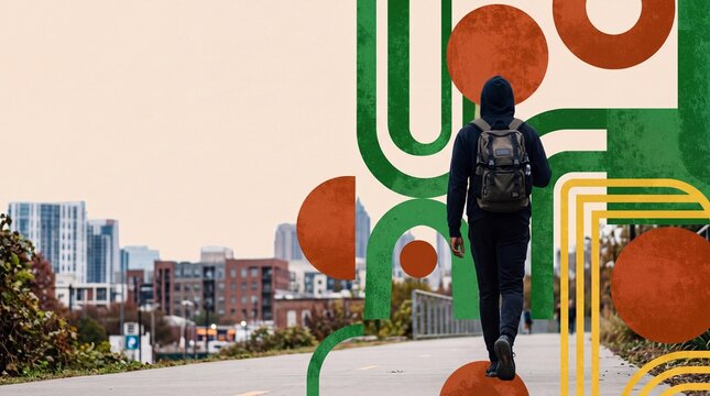Person with Backpack Walking on City Path with Abstract Shapes