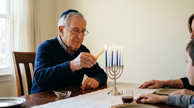 Elderly man lighting Hanukkah menorah at dining table with family  