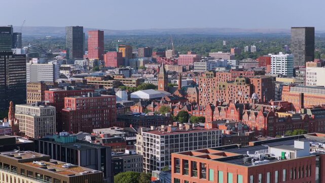 Aerial video of Manchester Cityscape filmed from Oxford Road. 