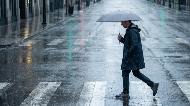 Man walking across a wet city street with umbrella in the rain  