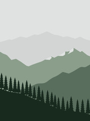 Fototapeta premium Minimalist Flat Illustration of a Scenic Mountain Range and Conifer Forest Landscape for Nature Conservation Projects and Outdoor Travel Branding
