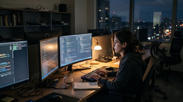 Late Night Coding Session: A focused programmer works diligently late into the night, surrounded by multiple monitors displaying lines of code, with the city skyline glowing in the background.