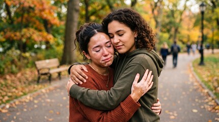 Fototapeta premium Comfort in Autumn: Two women share a tender moment in a park during autumn, one embracing the other who is crying, offering solace and support amidst the falling leaves.