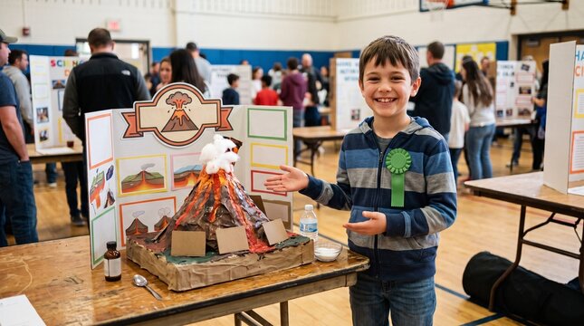 Young Scientist's Volcanic Triumph: A proud young boy beams as he presents his impressive volcano science project at a school fair, surrounded by eager onlookers and other exhibits.
