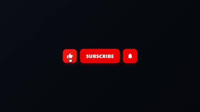 Red subscribe button with like thumb up icon and notification bell being clicked by a mouse cursor on a dark background for social media channel growth