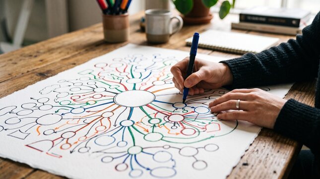 Brainstorming Session: A person's hands meticulously draw a colorful mind map, surrounded by art supplies, on a rustic wooden desk, signifying a moment of creative thought and idea generation.