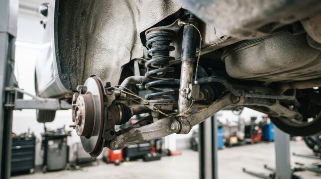 Predictive maintenance for car suspension undercarriage with coil spring, dampers, accelerometer leads, and control arms in a service lift.