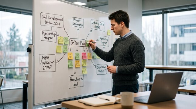 Strategic Vision: A man thoughtfully maps out a five-year plan on a whiteboard, illustrating career progression and personal development with sticky notes and diagrams.