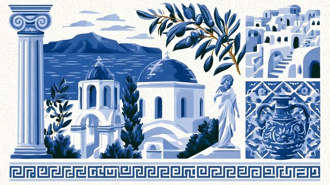 Aegean and Mediterranean Greek summer. Vector blue illustrations of ancient architecture in Santorini, sea, olive branch, amphora vase, statue, ceramic tile, travel to Greece, column, meander