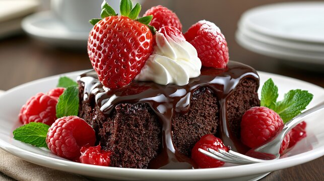 Delicious Gourmet Chocolate Cake Slice with Fresh Toppings
