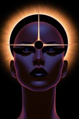 Premium contemporary lifestyle fine art print of an abstract female silhouette portrait with a glowing neon solar eclipse meditation aura © egonzitter