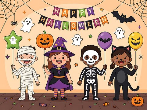 Happy Halloween Celebration Banner Vector Illustration with Cute Kids in Costumes Holding Balloons with Ghosts and Pumpkin