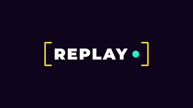 Replay button text label with yellow square brackets on a dark background for video player interface and digital media application design