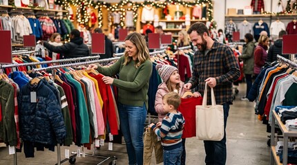 Obraz premium Family Shopping Spree: A happy family browses through racks of clothing in a bustling department store, enjoying a festive shopping experience filled with holiday cheer.