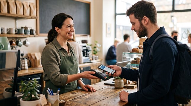 Contactless Coffee Payment: A customer uses a smartphone to make a contactless payment to a smiling barista at a cozy cafe, highlighting convenience and modern transactions.