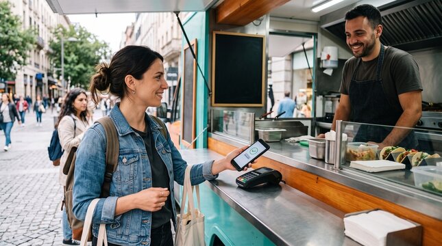 Contactless Payment at Food Truck: A smiling woman using her smartphone to make a contactless payment at a vibrant food truck, showcasing convenient modern urban dining experience.