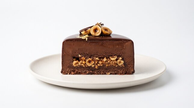 French chocolate marquise layered with hazelnut praline and glossy chocolate coating. Isolated on White background