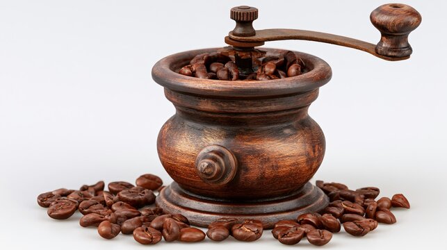 Vintage Wooden Coffee Grinder with Roasted Brown Beans
