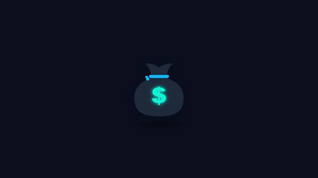 Minimalist money bag icon with a glowing dollar sign symbol representing finance and investment on a dark blue background