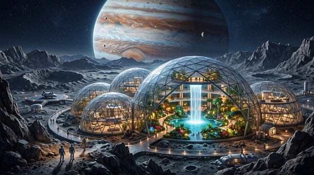 Futuristic space colony on moon surface, glass biodome habitat with lush garden, Jupiter rising over lunar base