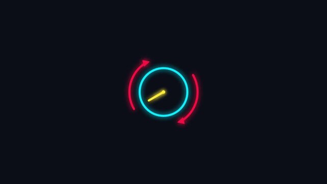 Neon loading circle icon with rotating arrows and a progress indicator line in vibrant colors on a dark background