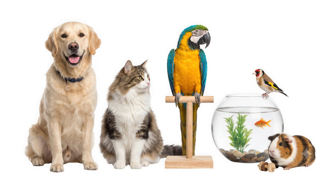 Golden retriever, cat, parrot, and canary with fishbowl showcasing diverse household pets together