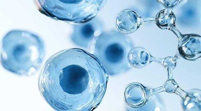 Microscopic view of translucent blue cells and molecular structure