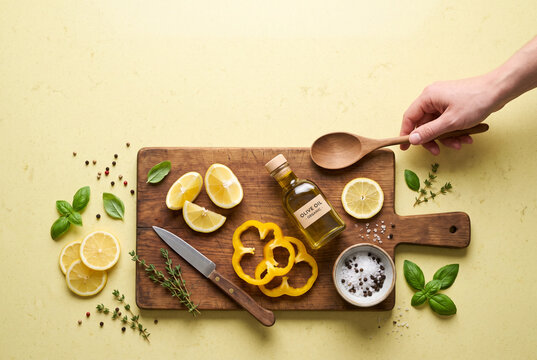 Soft lemon-yellow kitchen countertop in a detailed commercial scene