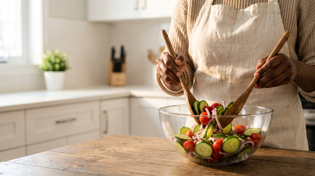 The hands of a woman in her 30s using wooden servers to toss a salad of sliced cucumbers