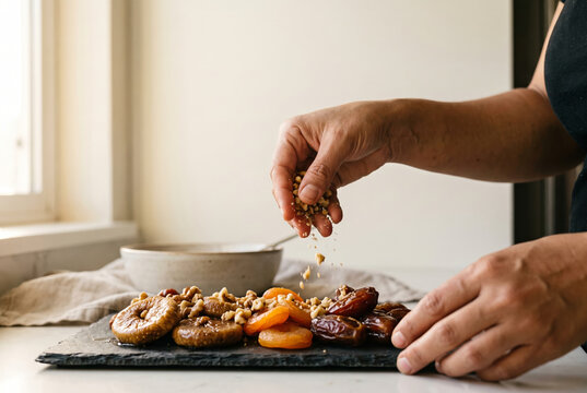 The hands of a female chef sprinkling crushed walnuts over a platter of sweet dried figs, apricots
