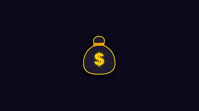 Neon yellow money bag icon with dollar sign symbol on dark blue background representing wealth finance and banking concept