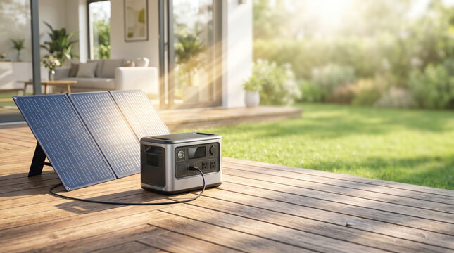 Modern portable power station placed on a sunlit wooden patio floor