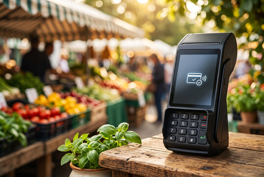 Modern, wireless POS terminal standing securely on a rustic wooden market counter