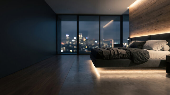 Spacious contemporary master bedroom at night, featuring a plush dark-grey upholstered king-size