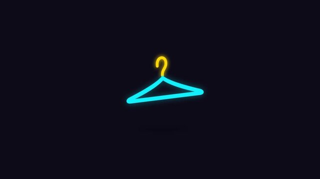 Bright neon clothes hanger sign glowing with blue and yellow light on a dark black background