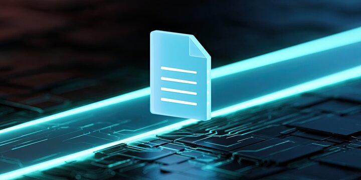 A luminous document icon on a circuit board with glowing blue data streams