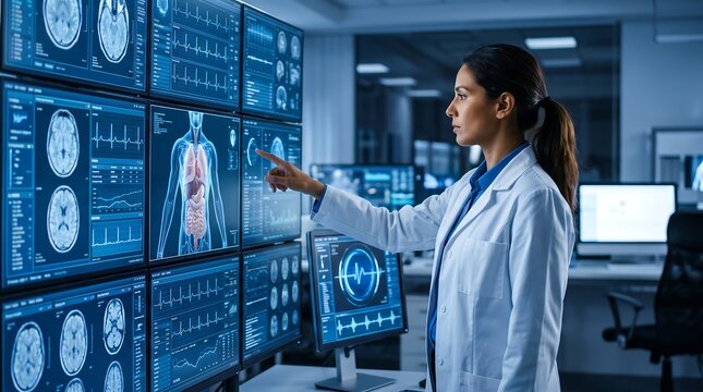 Professional female doctor analyzing advanced digital medical imaging and diagnostic data on large touchscreen displays in a futuristic hospital lab