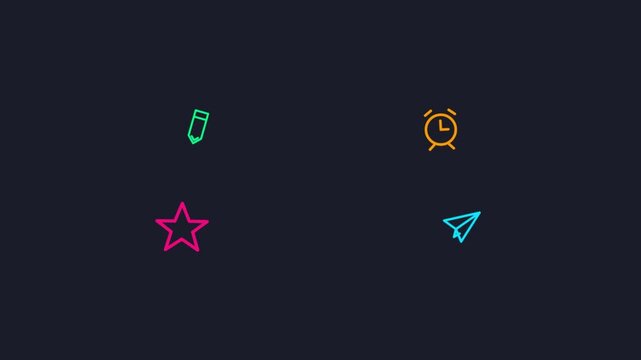 Back to school colorful text design with education icons like pencil clock star and paper plane on a dark background for students and academic season celebration