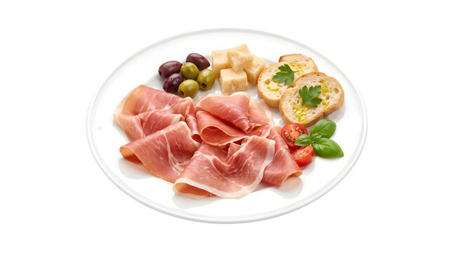 Fresh prosciutto ham slices with olives cheese and toasted bread isolated on transparent background cut out