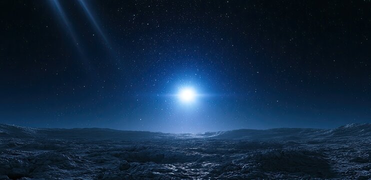A bright star shines over a desolate, rocky planet under a starry sky