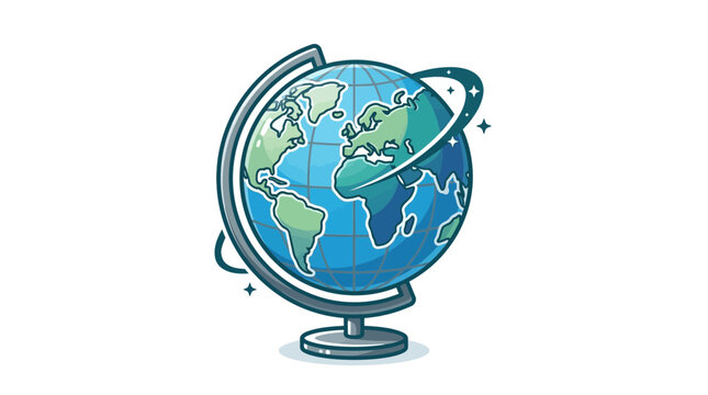 Globe illustration depicts the earth with continents and an orbital ring isolated on white background.