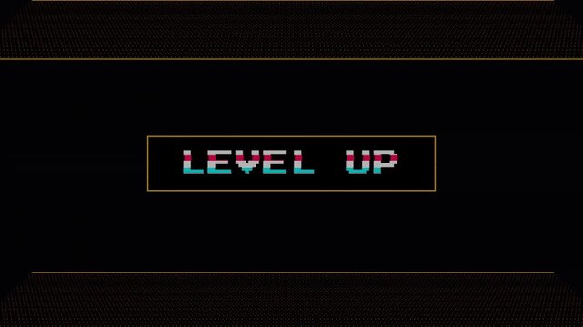 Level up text in retro pixel art style with a dark background for video game design