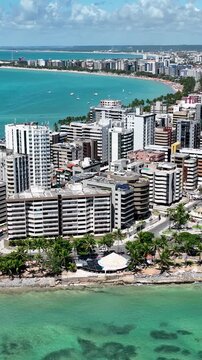 Urban Beach In Maceio Alagoas Brazil. Turquoise Ocean Waves Gently Crashing On Tropical Beach. Bay Water Landscape. Landmark Seaside. Maceio Alagoas.